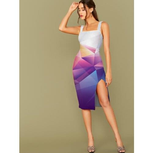 3D Dress Colorful Dress Women Cube Halter Sleeveless Geometry 3d Print Art Side Slit Dresses Women Mini Evening Beach