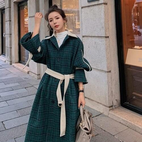 Womens Plaid Woolen Coat Mid-Length Autumn Winter New Stitching High-End Temperament Korean Style Loose Fashion Thin Woolen M0