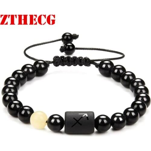 2021 New Trendy Mens Bead Bracelet Twelve Constellations Adjustable Jewelry Natural Stone Obsidian Couple Beaded Bracelet Women