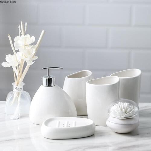 Bathroom Decoration Accessories White Ceramic Bathroom Supplies/Lotion Bottle/Toothbrush Holder Soap Dish/Mouth Cup Bathroom Set
