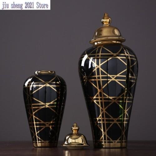 American Luxury Ceramic Storage Jars Decoration Golden Stroke Flower Vase Decoration Jar Living Room Home Decoration Accessories