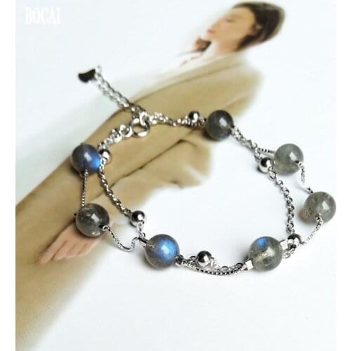 New fashion real S925 pure silver female bracelet natural labradorite double-layer bracelet personalized womens silver jewelry