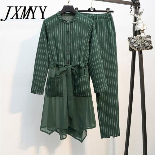 JXMYY Women Two Piece Set New Spring Striped Long Tops Pants Suit Casual Single Breasted Blouse Elastic Waist Trousers M196