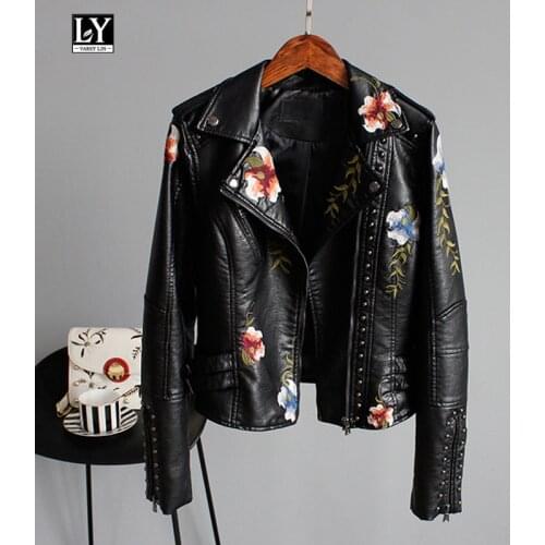 Ly Varey Lin Floral Print Embroidery Faux Soft Leather Jacket Women Pu Motorcycle Coat Female Black Punk Zipper Rivet Outerwear