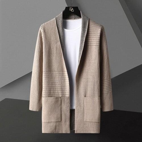 Designer Color Contrast Cardigan Men Long Coat 2021 Autumn Fashion Knit Striped Cardigan Jacket Men Korean Plus Size Woolen Coat