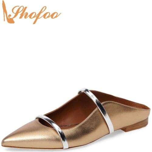 Gold Woman Flats Mules Large Size 13 15 Pointed Toe Shallow Narrow Bands For Ladies Summer Beach Footwear Fashion Shoes Shofoo