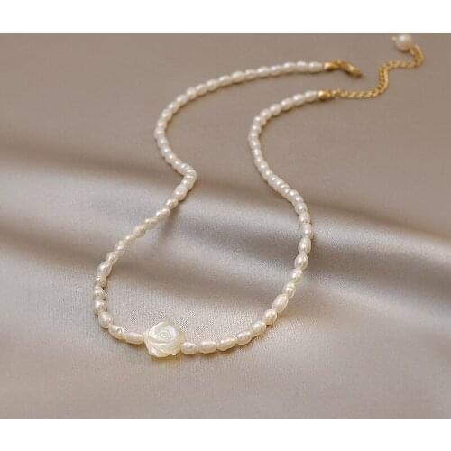 Origin Summer Fairy Luxury Shell White Rose Chokers Necklace for Women Girls Textured Beaded Freshwater Pearl Necklace Jewellery