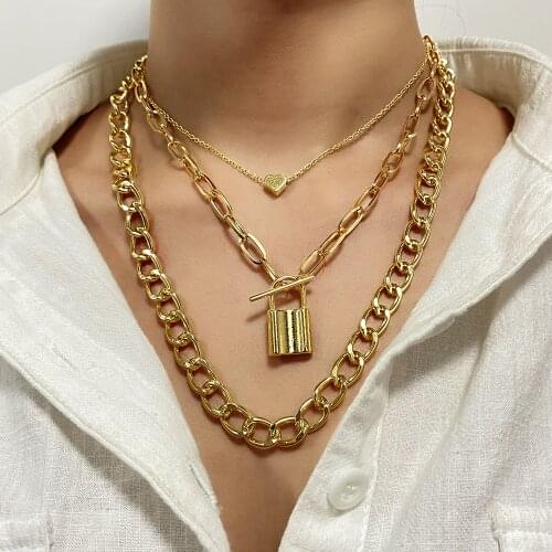 KINFOLK Lock Pendants Punk Necklaces for Women Gold Color Hollow Chain Personality Female Neck Jewelry Gothic Neck Decoration