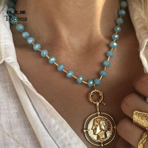 Tocona Punk Coin Pendant Neckalce for Women Charm Bead Gold Color Alloy Metal Chain Choker Necklace Party Jewelry Gift 15325