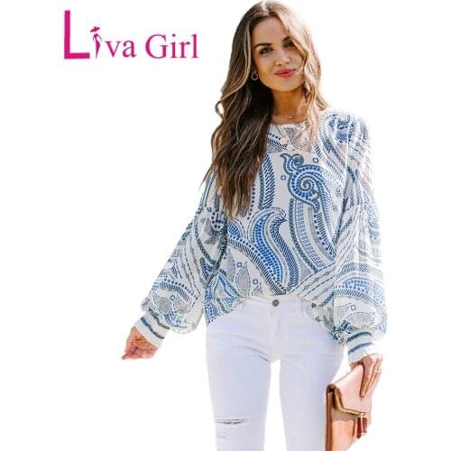 LIVA GIRL Woman Casual Printed Lantern Sleeve Tops 2021 Spring Autumn O-Neck White Shirt Female Loose Tops Elegant Clothes 2XL