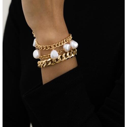 Hip-hop Simple Aluminum Chain Three-piece Bracelet Punk Ins Style Imitation Pearl Bracelet European and American Style Jewelry