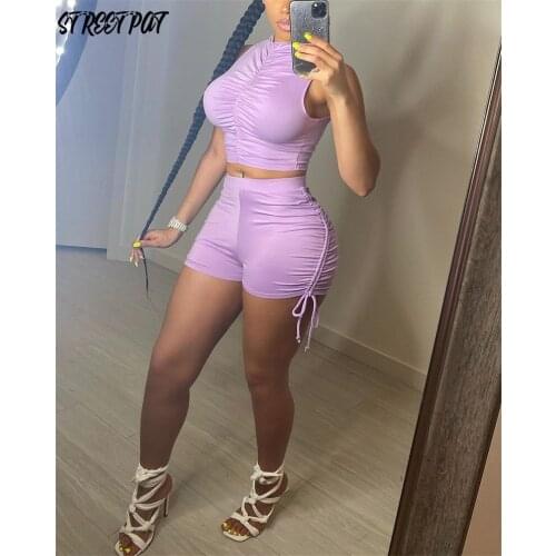 Drawstring Sexy 2 Piece Set Women Tracksuit Sport Solid Sleeveless Crop Top + Bandage Biker Shorts Sets Stretchy Slim Streetwear