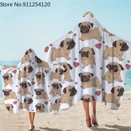 Cute Hippie Pug Dog Parent-child Hooded Cloak Beach Towel Cartoon Microfiber Hooded Changing Robe Kids Adult Wearable Bath Towel
