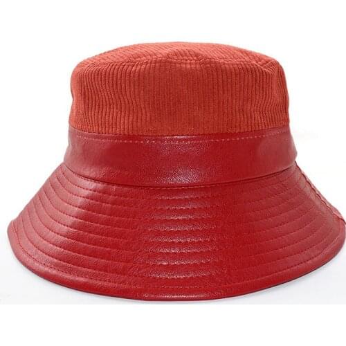 Japanese pu Leather Hat Female Autumn Winter Korean Edition Hitch Corduroy Splice Fisherman Hat Bonnet web celebrity shading Sun