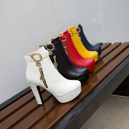 YMECHIC Fashion Bride Wedding Party High Heel Boots Female Chain Buckle Platform White Red Heels Ankle Womens Boots Shoes Winter