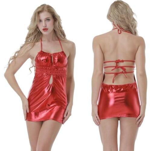 Women Uniform Sexy Lingerie Red Leather Jumpsuit Female Bodysuit Erotic Latex Bodycon Bandage Dress Backless Dance Leotard Sex