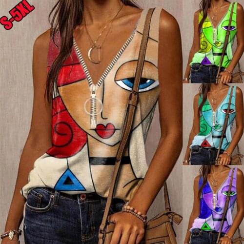Cartoons Abstract Face Print Zipper Female Sleeveless T-shirt Summer Vest Funny Personality V-neck Harajuku Womens T-Shirts