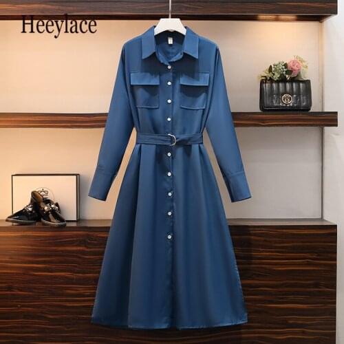 Plus size dress Office Ladies Elegant Long Sleeve Polo Collar High Waist Single Breasted Vestidos 4XL Women Blue Vintage Dress