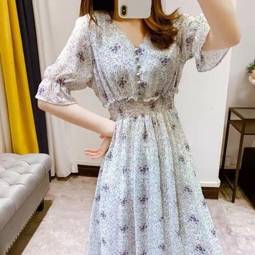 Summer Women Vestidos Tittie Floral Dresses Empire Tight Waist Long Dress Chiffon Ruffles Sleeve Chic V-Neck Holiday Beach Dress