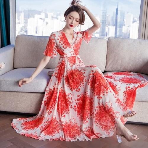 2021 Vintage Elegant Womens 3XL Chiffon Large Size Island Vacation V-Neck Flared Beho Female Long Summer Vestidos Dress Robe