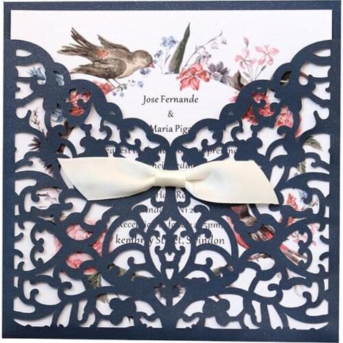 1pcs Hollow Laser Cut Wedding Invitation Card With Ribbon Customized Greeting Card Party Favors Birthday Wedding Decoration