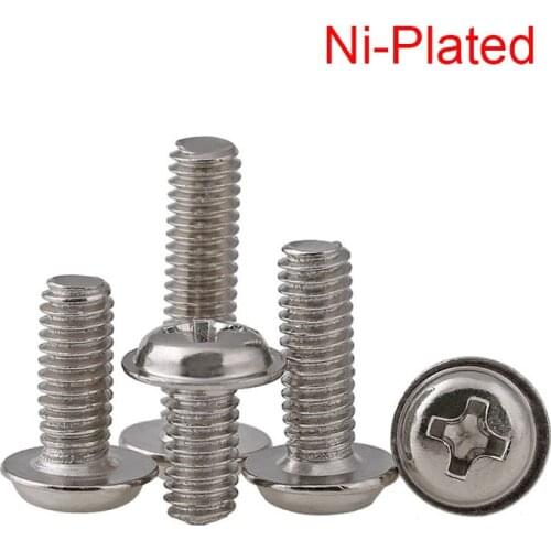 100/200Pcs M2 M2.5 M3 M4 Carbon Steel Cross Recessed Round Head Screw With Washer Computer Screw Nickel Plated
