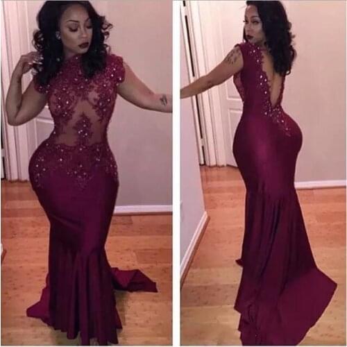 Satin Dark Burgundy Lace Mermaid African Prom Dresses Backless Appliques Beaded Sexy Long Evening Party Gowns Vestido De Noche