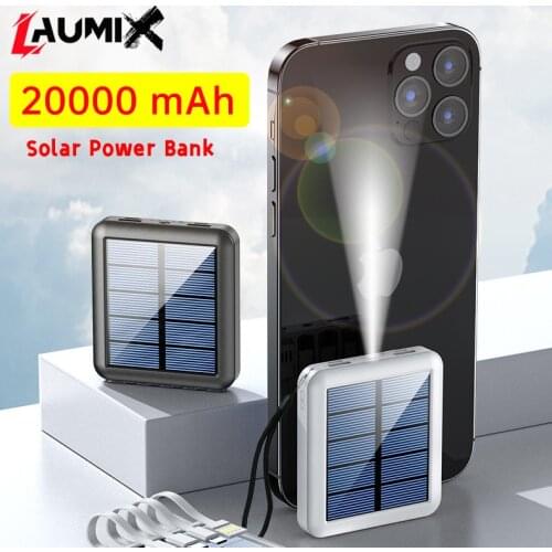 Solar power bank 20000 mAh Charge solaire 4 ports Micro USB TYPE-C Lightning Cable Mini Portable Charger LED flashlight Android