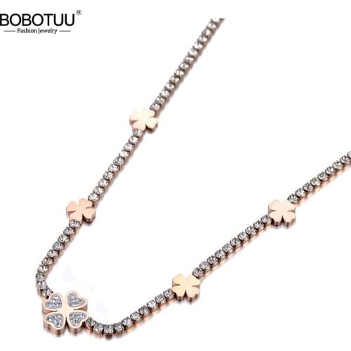 BOBOTUU Sparkling Stainless Steel CZ Crystal Plant Flower Choker Necklaces For Women Trendy Full Rhinestone Necklace BN19189