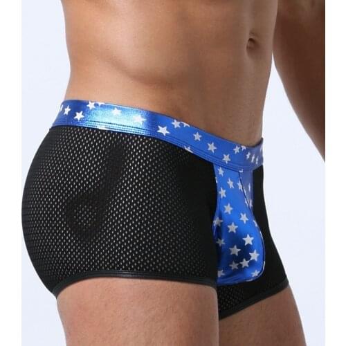 Mens Faux Leather Boxer shorts Sexy printed Leather Underwear Men Low Waist Mesh Panties U Convex Design Erotic Gay Underpants