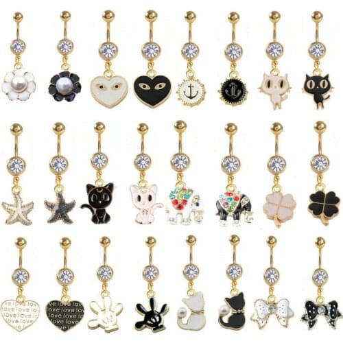 12pcs/lot Mix Styles Heart Shaped Belly Ring White Black Styles Crystal Navel Bars Body Piercing Jewelry