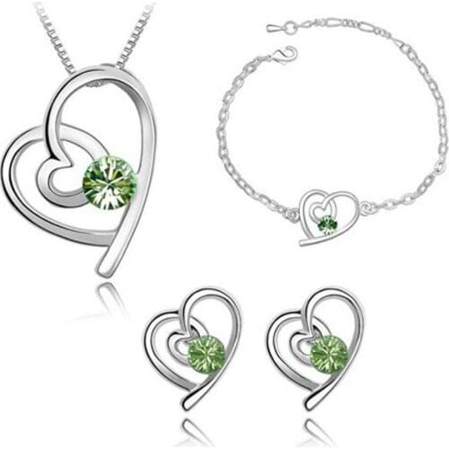 Natural Green Crystal Jewelry Set Necklace Earring Bracelet, Real 925 Sterling Silver Ladies Engaged Bride Christmas Gift s063