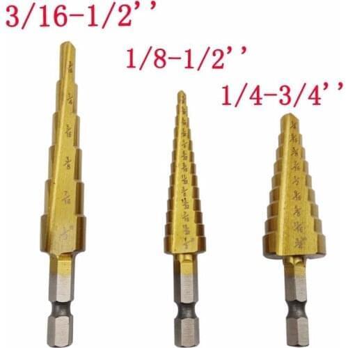 Set 3PCS HSS 4241 Steel 3/16"-1/2" 1/4"-3/4" 1/8"-1/2" Step Cone Titanium Coated Drill Bit Cut Tool Hole Cutter with Hex Shank