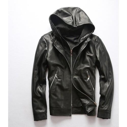 Fast Shipping Free Mens Brand Autumn Winter Genuine Black Large Size Male Detachable Hooded Sheep Leather Jacket