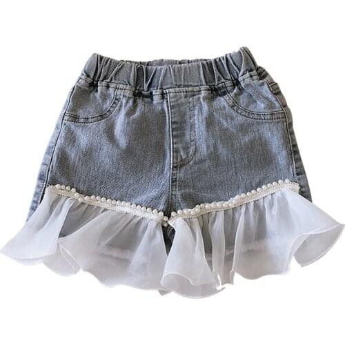 Summer new children kids shorts girls fashion wild pearl lace cute jeans straight princess denim shorts