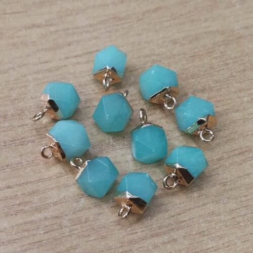 Fashion polyhedron Shape gold rim Faceted 12pcs lake blue Point Pendant,Natural Stone pink Charms For earring Jewelry