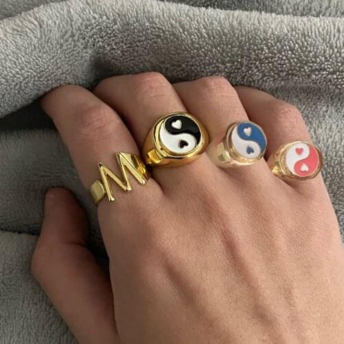 Fashion Gold Color Enamel Daisy Tulip Yin Yang Rings for Women Girls Colorful Metal Rings Love Ring Accessories Jewelry