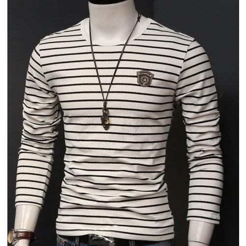 Mens Striped Long Sleeve T Shirt Mens Badge Cotton Stretch O-Neck Slim T-Shirts Spring Autumn Tshirt Clothing