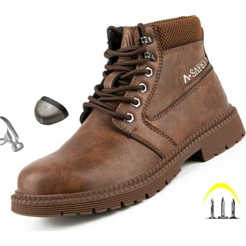 Mens Work Boots 2020 Fashion Outdoor Leather Steel Toe Indestructible Shoes Men Anti Slip Puncture Proof Safety Shoes Boot Man