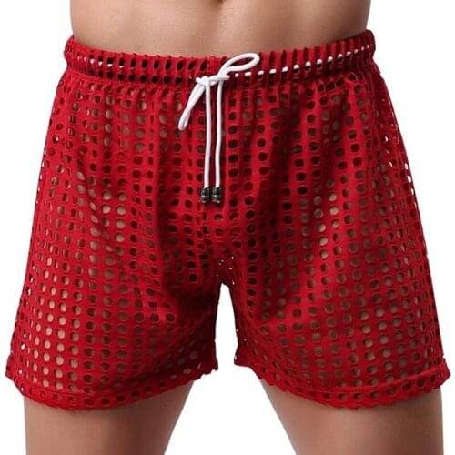 Mens Sleepwear Shorts Big Mesh Honeycomb Net Mens Home Pajamas Shorts Sexy Nylon Sleep Bottom Mens Sheer Pajamas