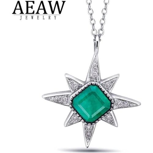 100% Real 0.8carat Zambian Emerald Green Stone Pendant Necklace with Diamond Solid 14K White Gold Anniversary Gift For Women