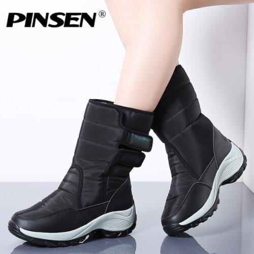 PINSEN Winter Women Boots Fashion Warm Ladies Casual Snow Boots Waterproof Non-slip Mid-Calf Plush Turned-over Cuffed Shoes
