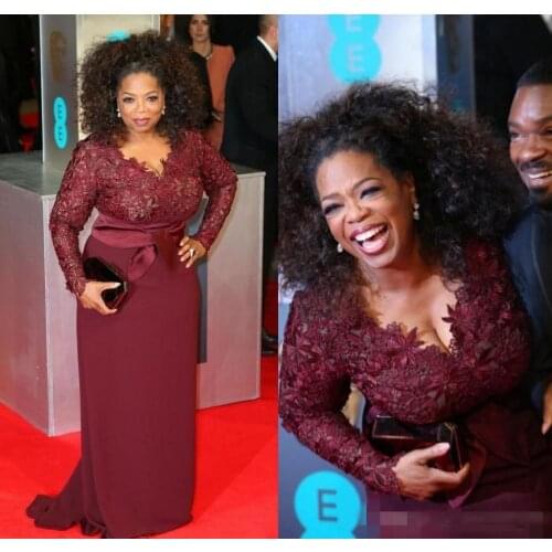 Red Carpet Plus Size Burgundy Mother Of The Bride Dresses V-Neck Lace Long Sleeve Sweep Train Evening Party Dress
