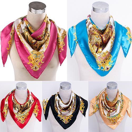 90 x 90cm Square Women Imitated Silk Satin Carriage Chain Neck Head Scarf Shawl