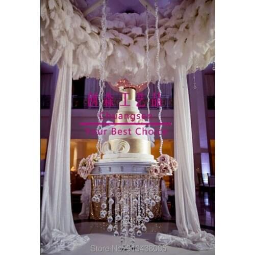 Wedding deco cake stands centerpiece ,new design wedding crystal acrylic cake stand with hanging crystals