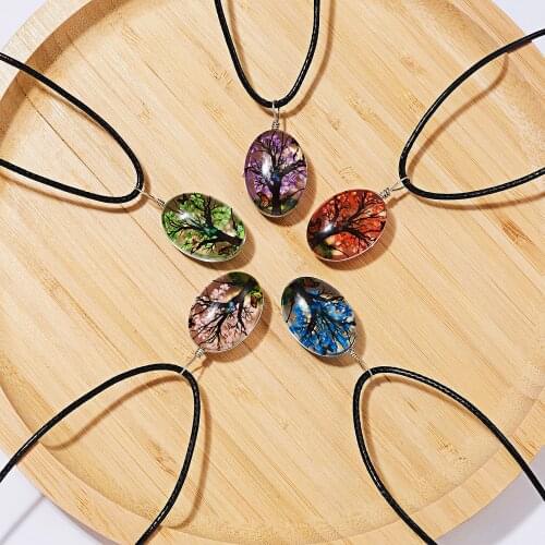 Rinhoo Retro Jewelry Real Dried Flower Specimen Necklace Tree of Life Shaped Leather Rope Glass Pendant Necklace for Women Gifts