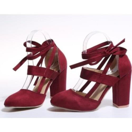 Summer Vintage Women Sandals Fashion High-heels Thick Heel Shoes Solid Color Casual Lace-up Sandal Plus Size 35-43