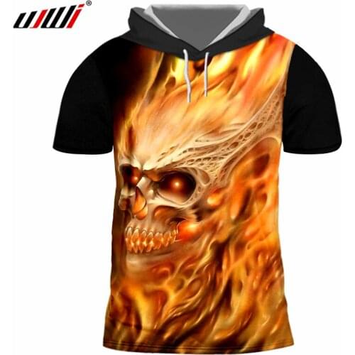 UJWI Mens Sweatshirt With Hood Summer Cool Print Yellow Fire Skull 3D Cap T-shirts Hombre Hip Hop Bodybuilding Fitness Clothes