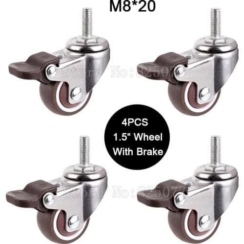 Brand New 4PCS 1.5Inches Universal Swivel Wheels M8x20 Rubber Super Mute Furniture Casters w Brake