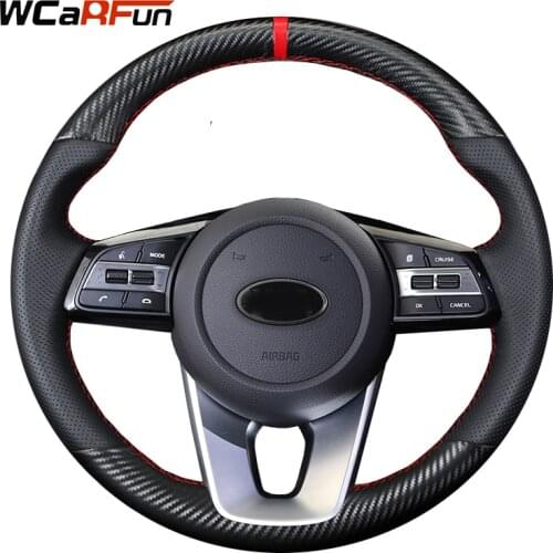 WCaRFun Black Artificial Leather Carbon Fiber Red Marker Steering Covers for Kia K5 Optima 2019 Ceed 2019 Forte Cerato
